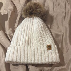 Timberland Cream Knit Beanie with Brown Fur Pom Pom